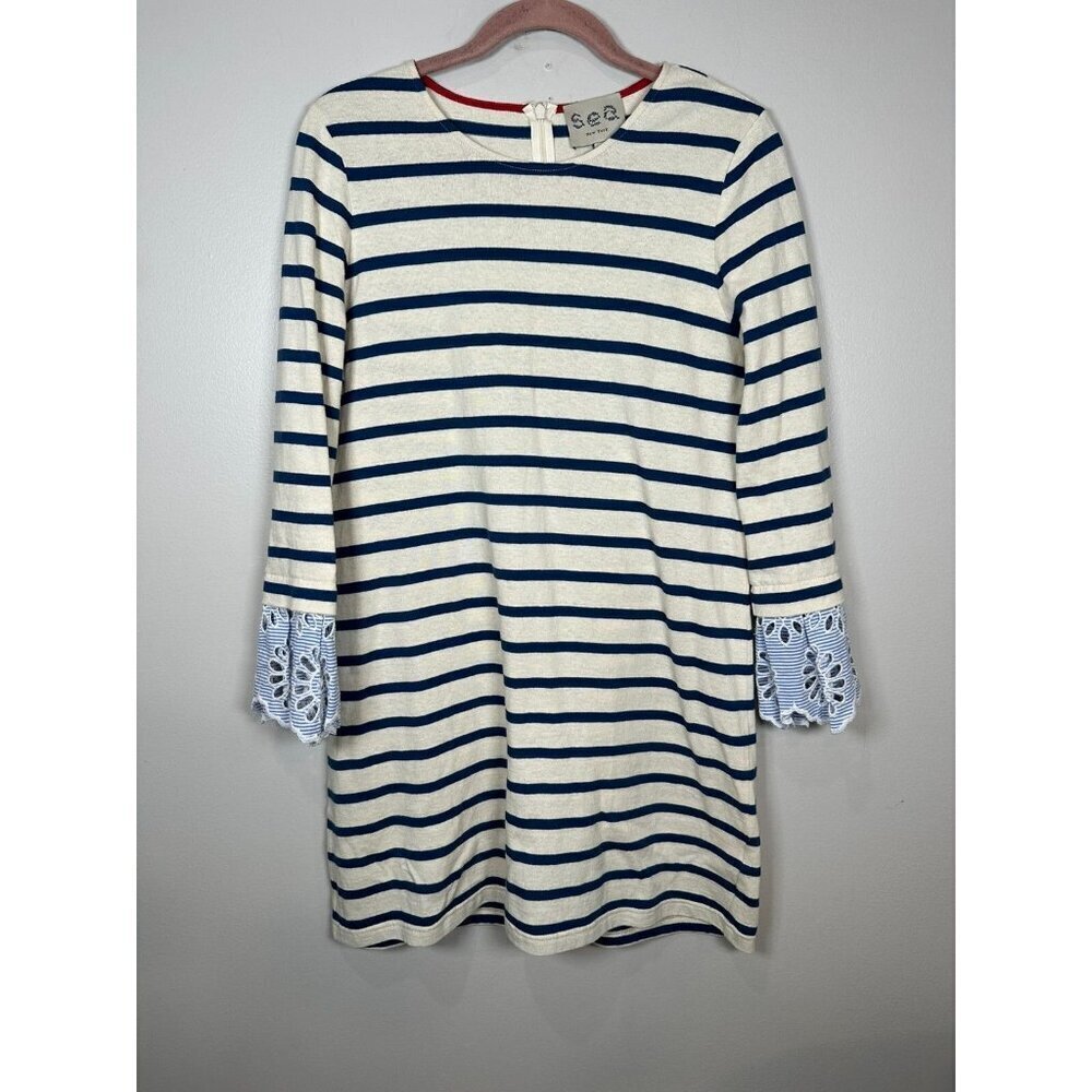 SEA NY Striped Eyelet Long Sleeve Shift Dress Women L Stretch Cotton Scoop Neck